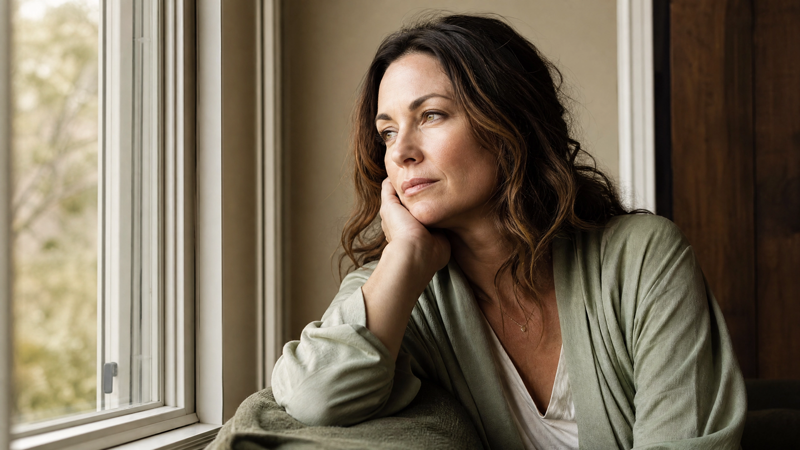 Frau am Fenster – nachdenklich