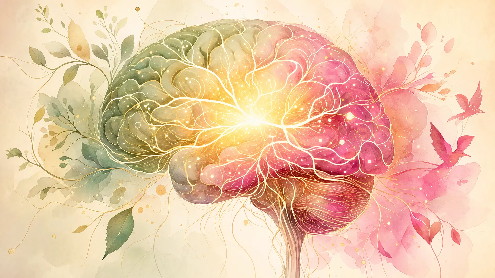 Brain Hacking – Gehirn mit leuchtenden Neuronen in Salbeigrün und Magenta