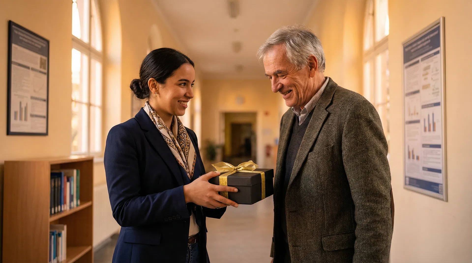 Étudiant offrant un coffret Craftybox personnalisé à son professeur après la soutenance