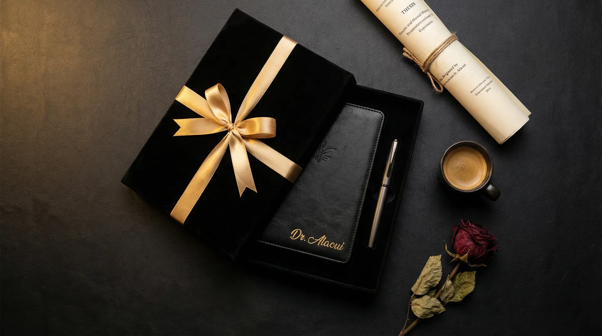 Coffret cadeau de soutenance Craftybox — carnet et stylo gravés sur fond sombre