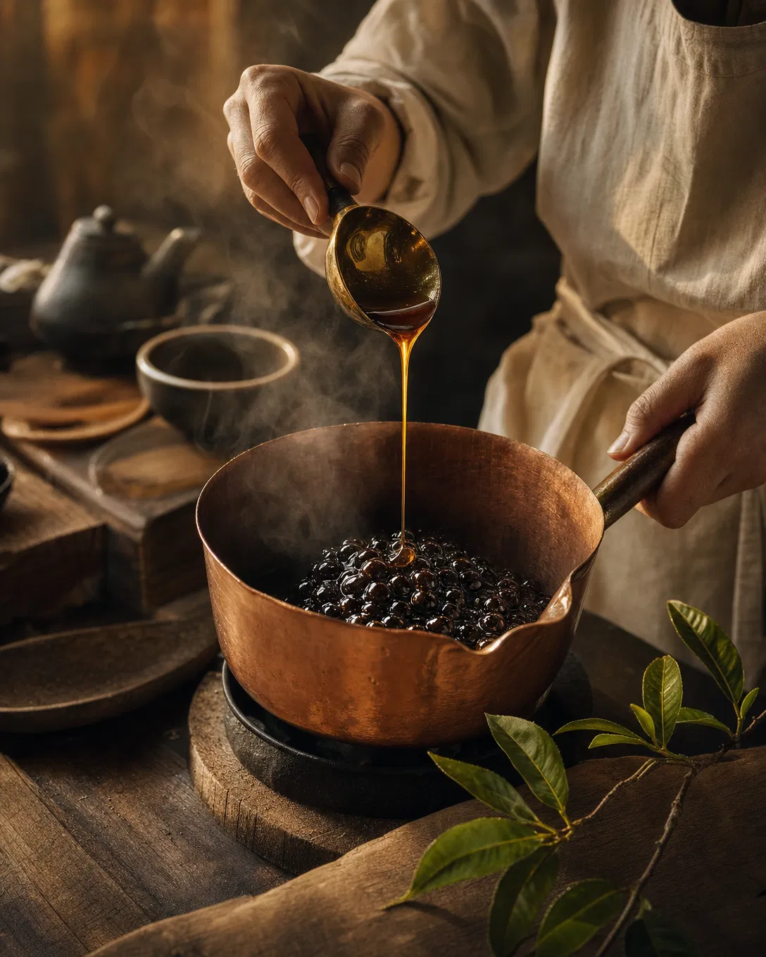 Daboba artisan pouring brown sugar over honey golden pearls in slow craft