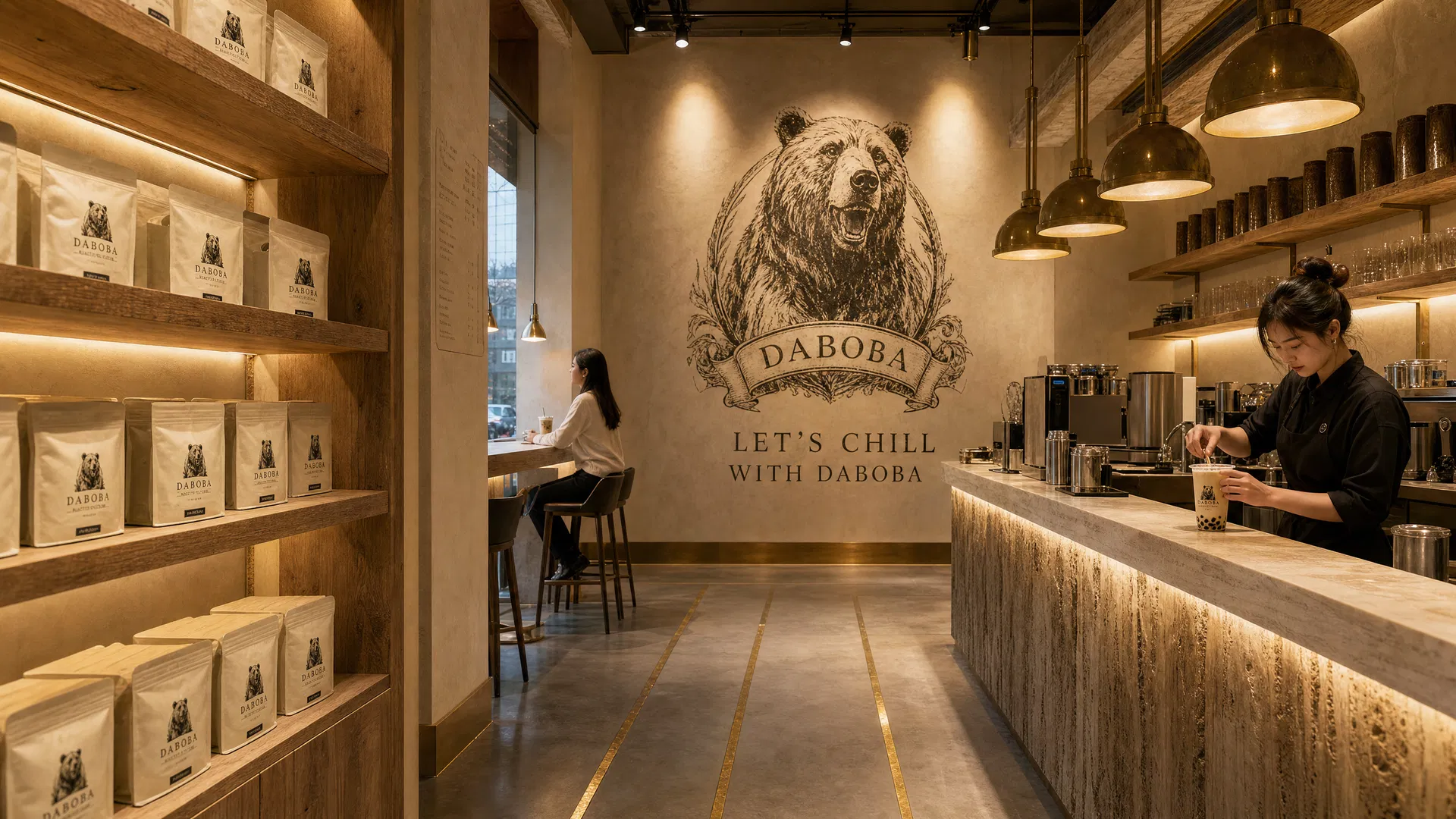 Inside the Daboba flagship interior with bear crest mural and brass pendants