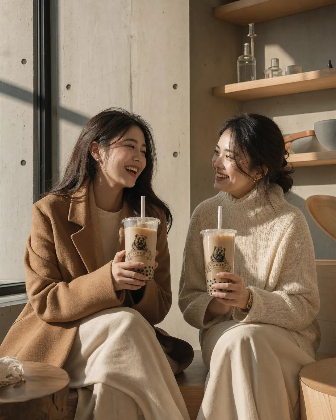 A couple sharing daboba bubble tea on a sunny afternoon street