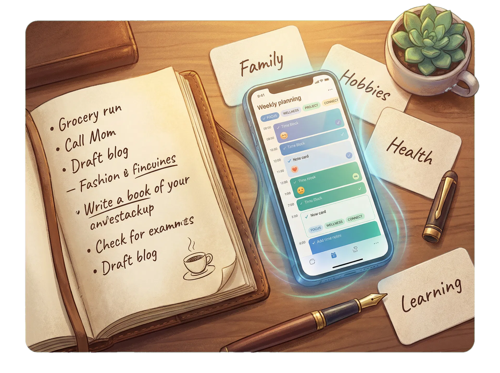 Planning ritual with notebook and mobile phone