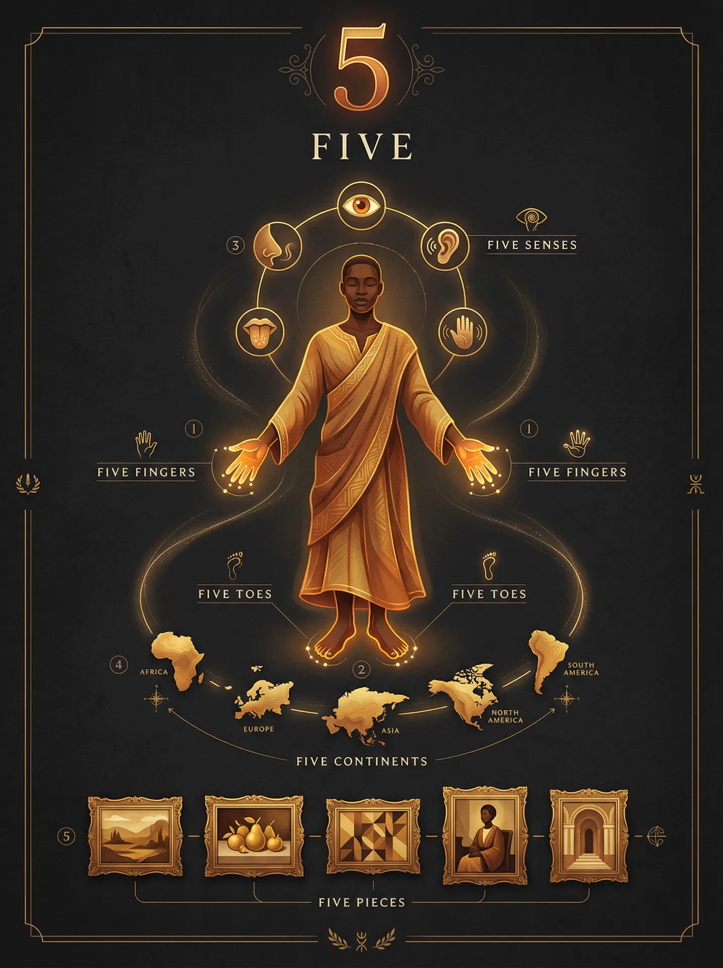 Infographic illustrating the significance of the number five — five fingers, five toes, five senses, five continents, five pieces