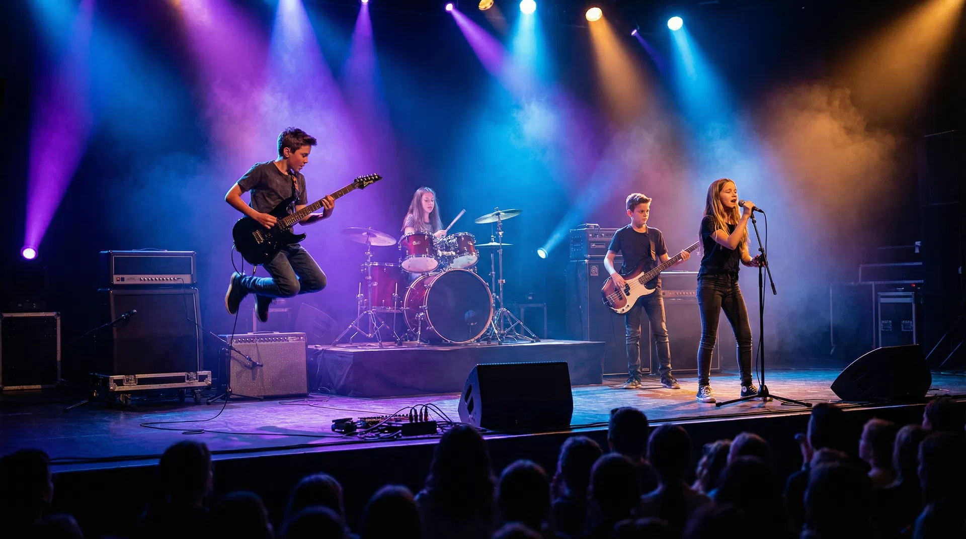 Kids performing on stage with dramatic lighting