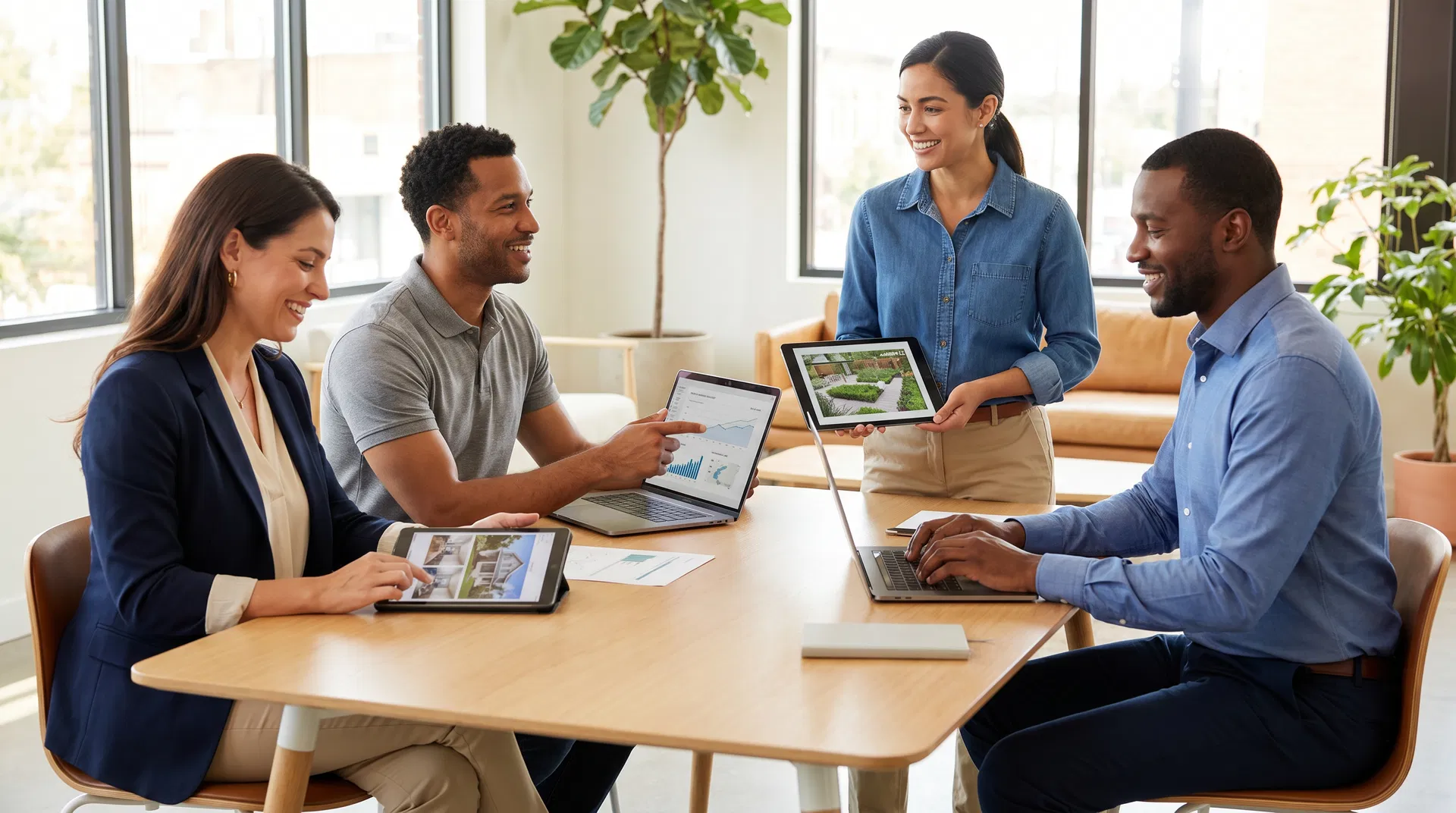 Diverse service business owners — realtor, insurance agent, landscaper, and contractor — collaborating with technology