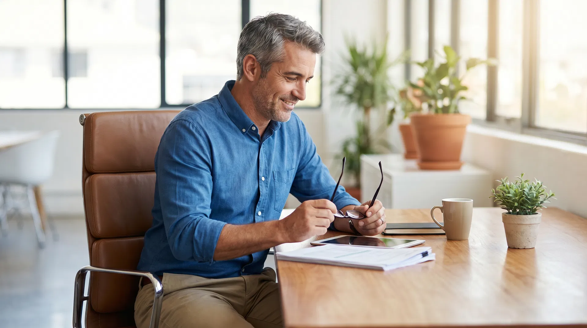 Business owner reviewing software on tablet