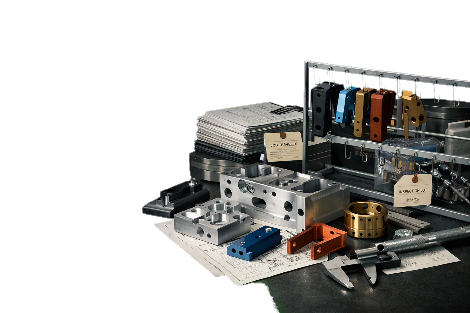 Precision-machined metal parts, finishing racks, and drawings arranged in a premium industrial composition.