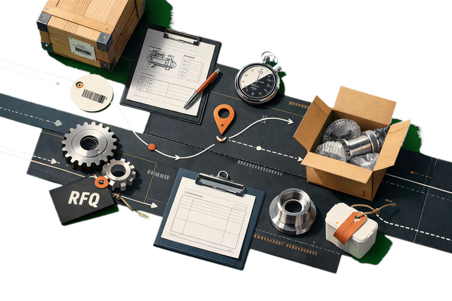 Abstract industrial composition representing quoting, logistics, and project coordination.