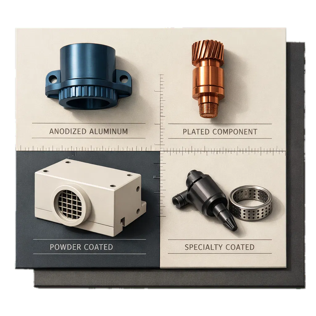 A composed industrial panel showing anodized, plated, powder-coated, and specialty-coated parts.