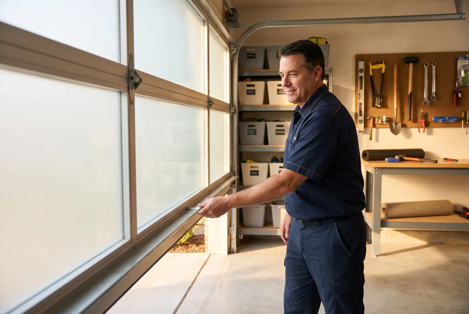 Technician lifting a garage door from inside the garage