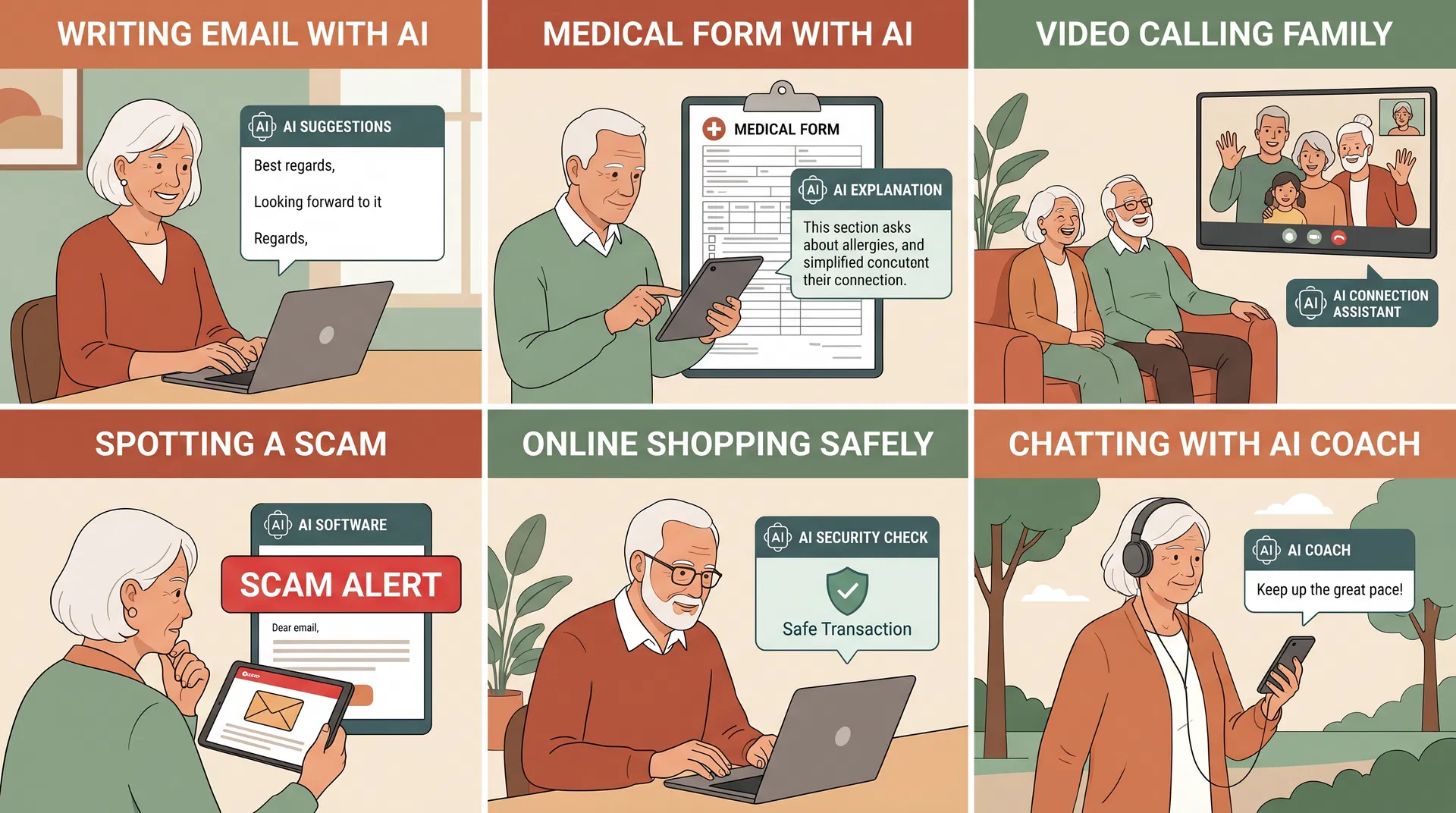 Six scenarios showing AI helping seniors with everyday tasks