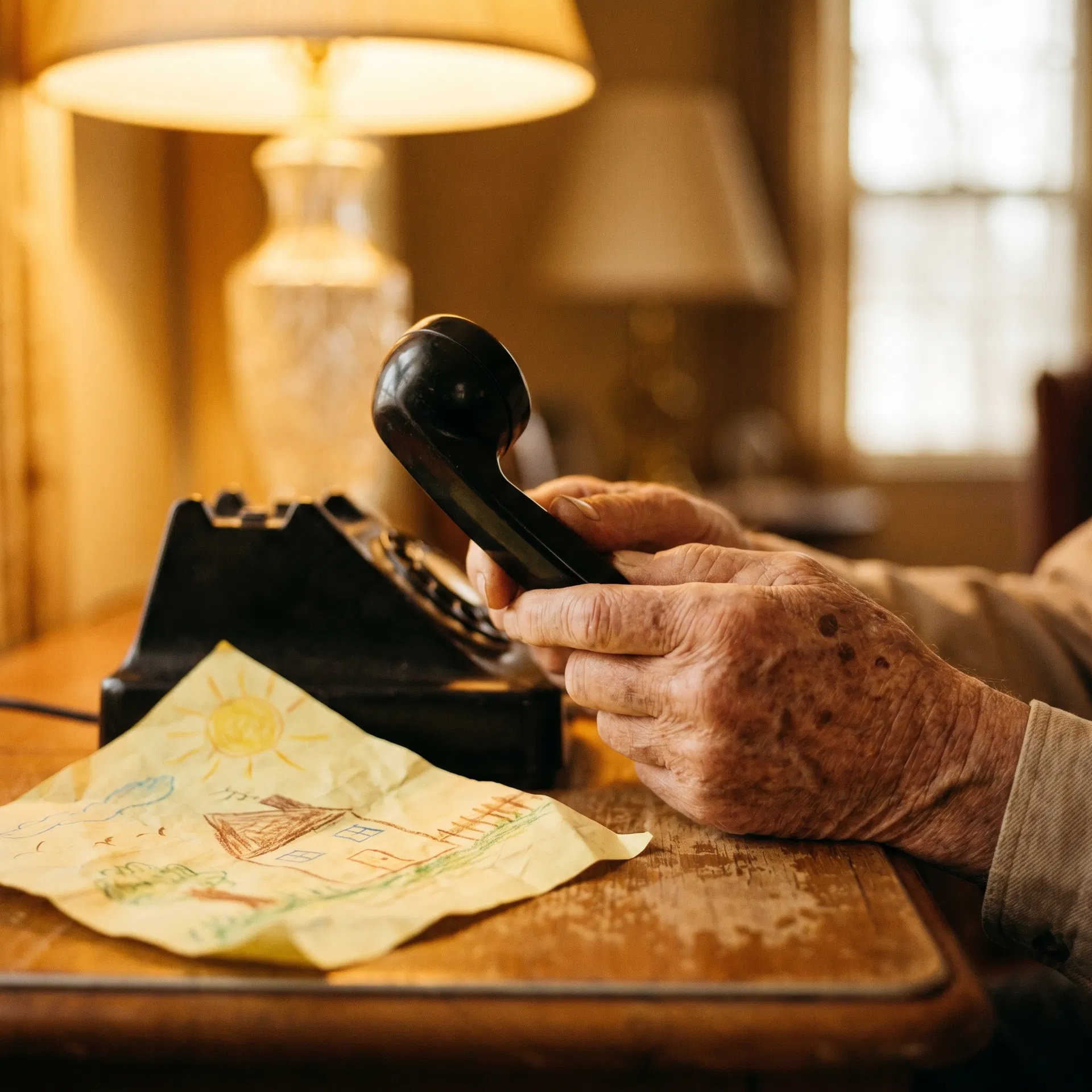 Elderly hands holding a telephone with a grandchild's drawing nearby