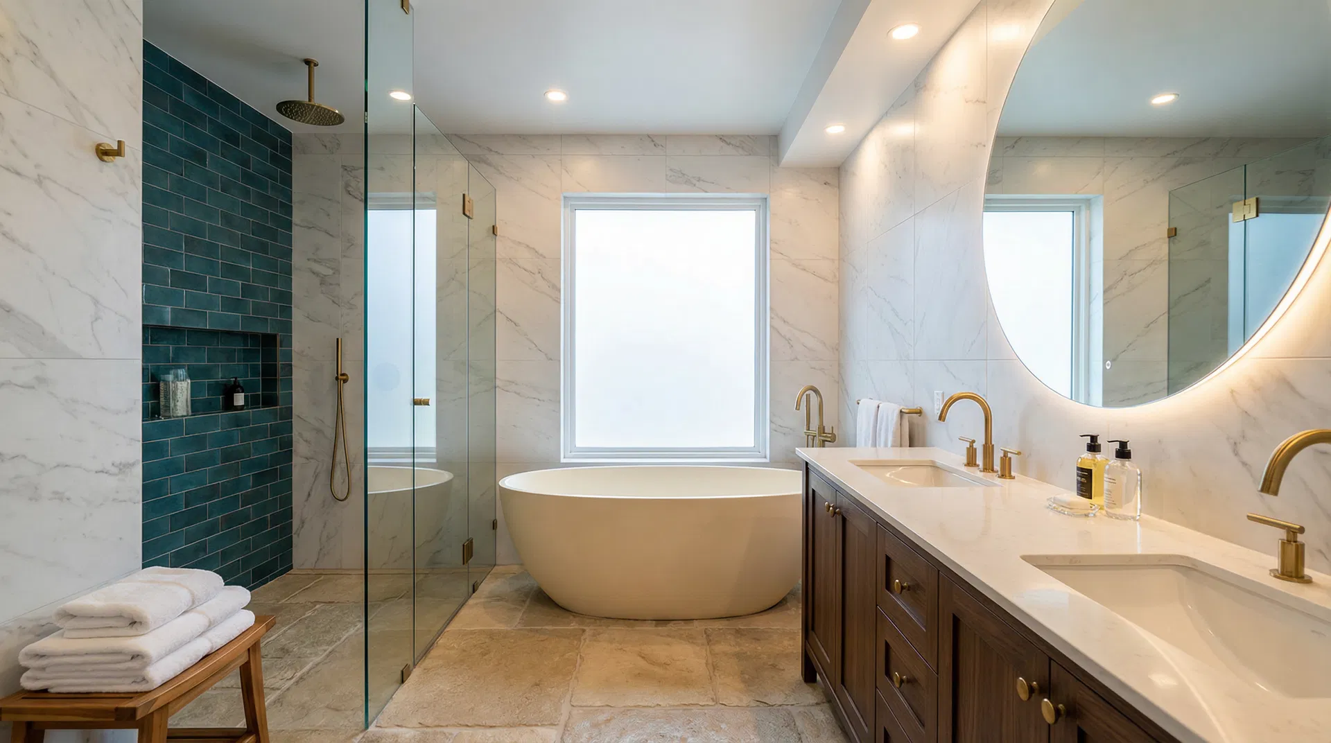High-end bathroom renovation with freestanding tub and teal tile accents