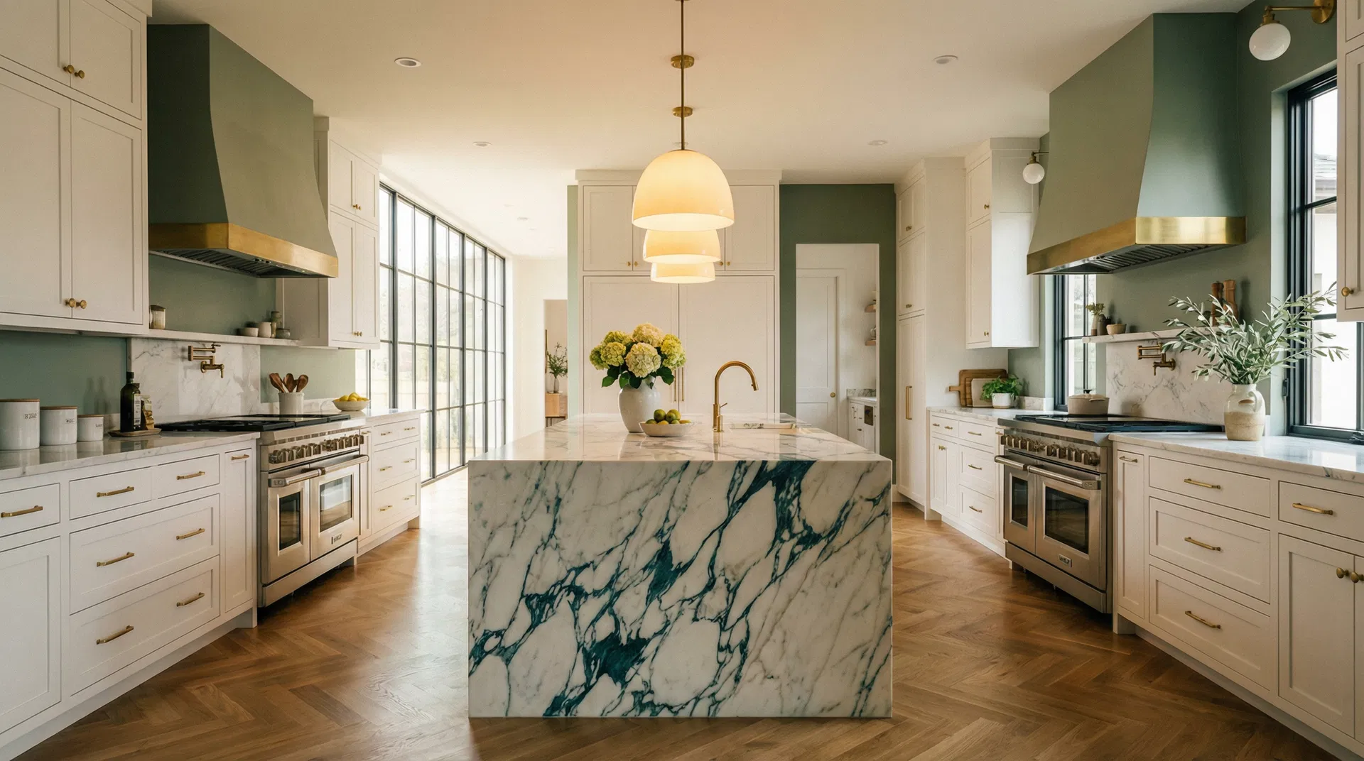 Luxury kitchen remodel with marble island and brass hardware, Tampa Bay