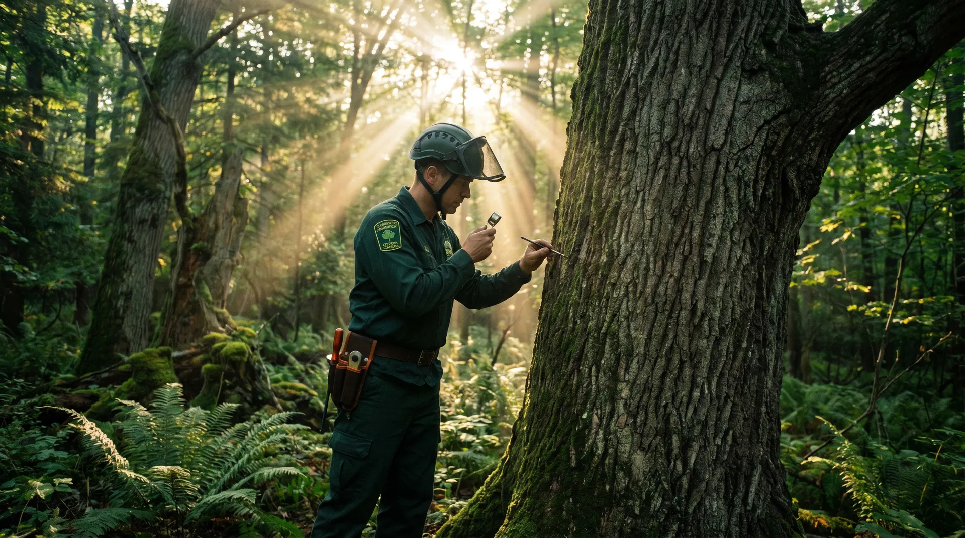 Certified arborist examining a large tree in Ottawa forest