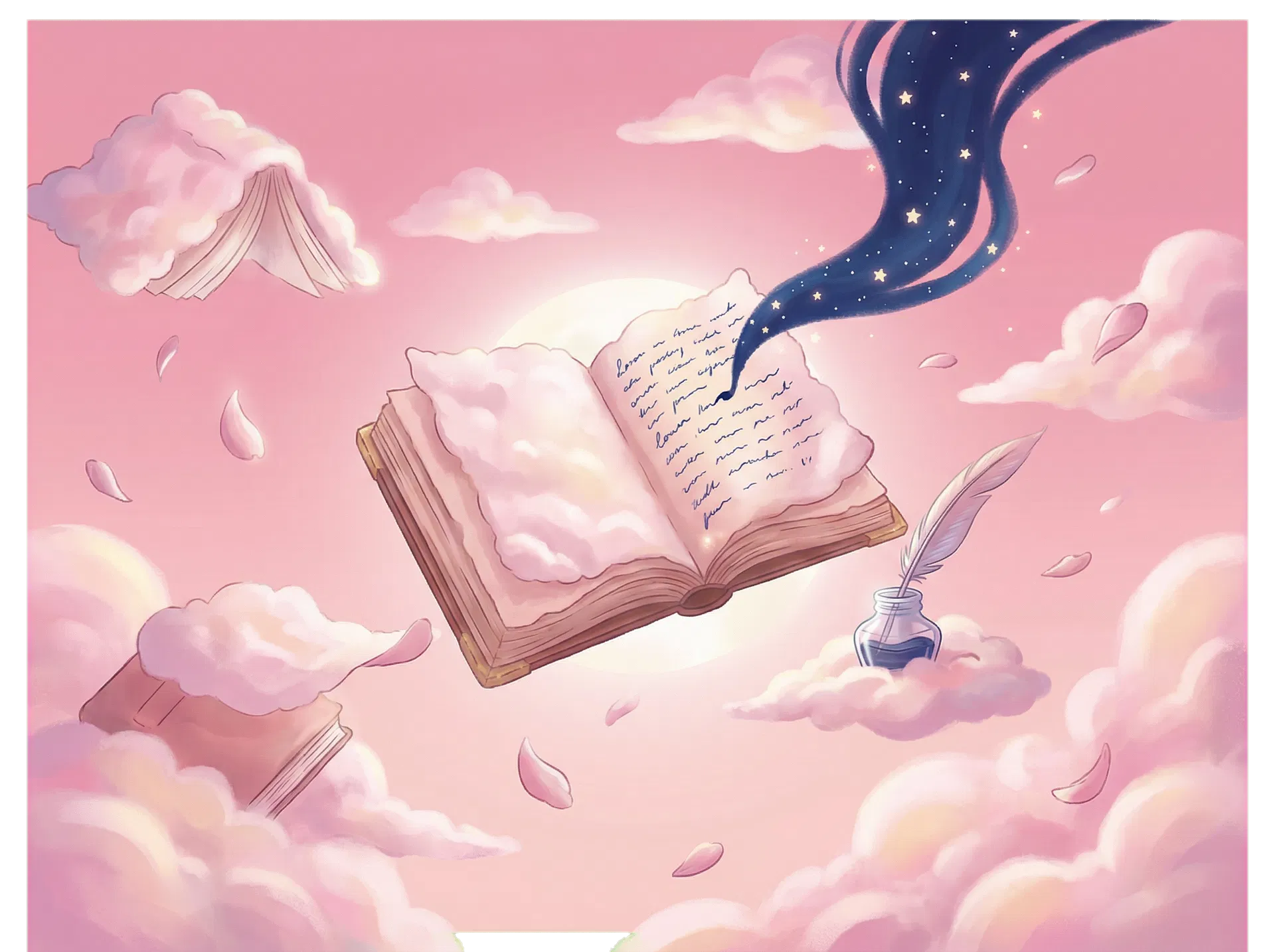 Dreamy poetry illustration among pink clouds