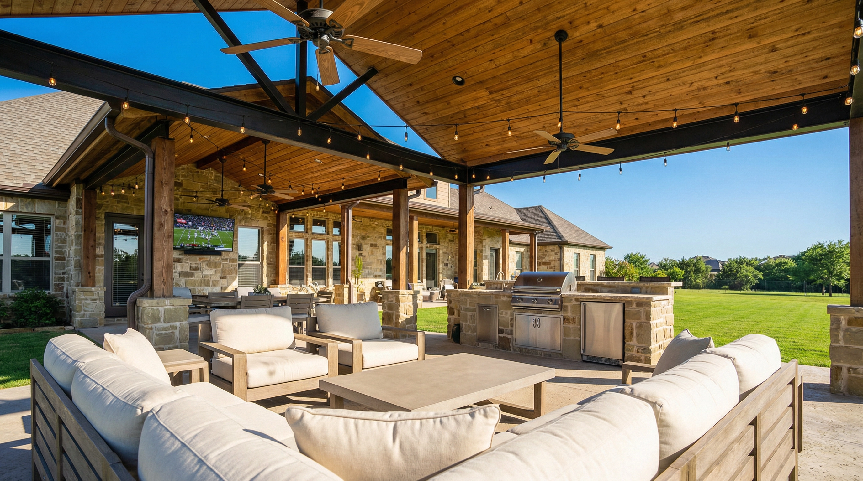 Custom covered patio with pergola built in McKinney TX backyard