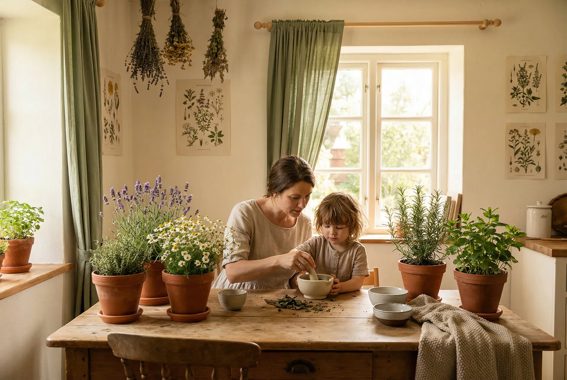 Mother and child learning about herbs
