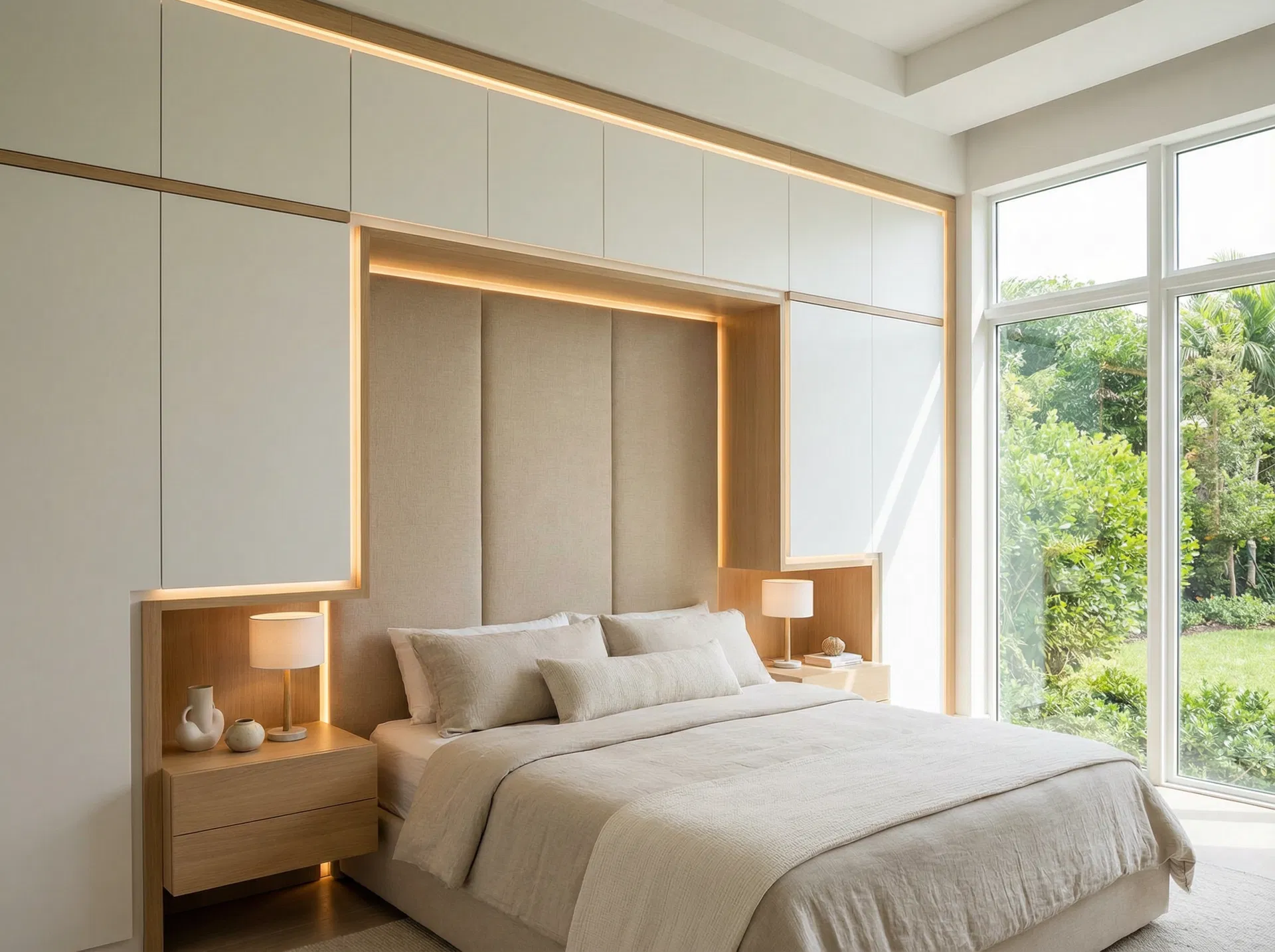built-in wardrobe Miami apartment linen upholstery integrated storage ambient lighting