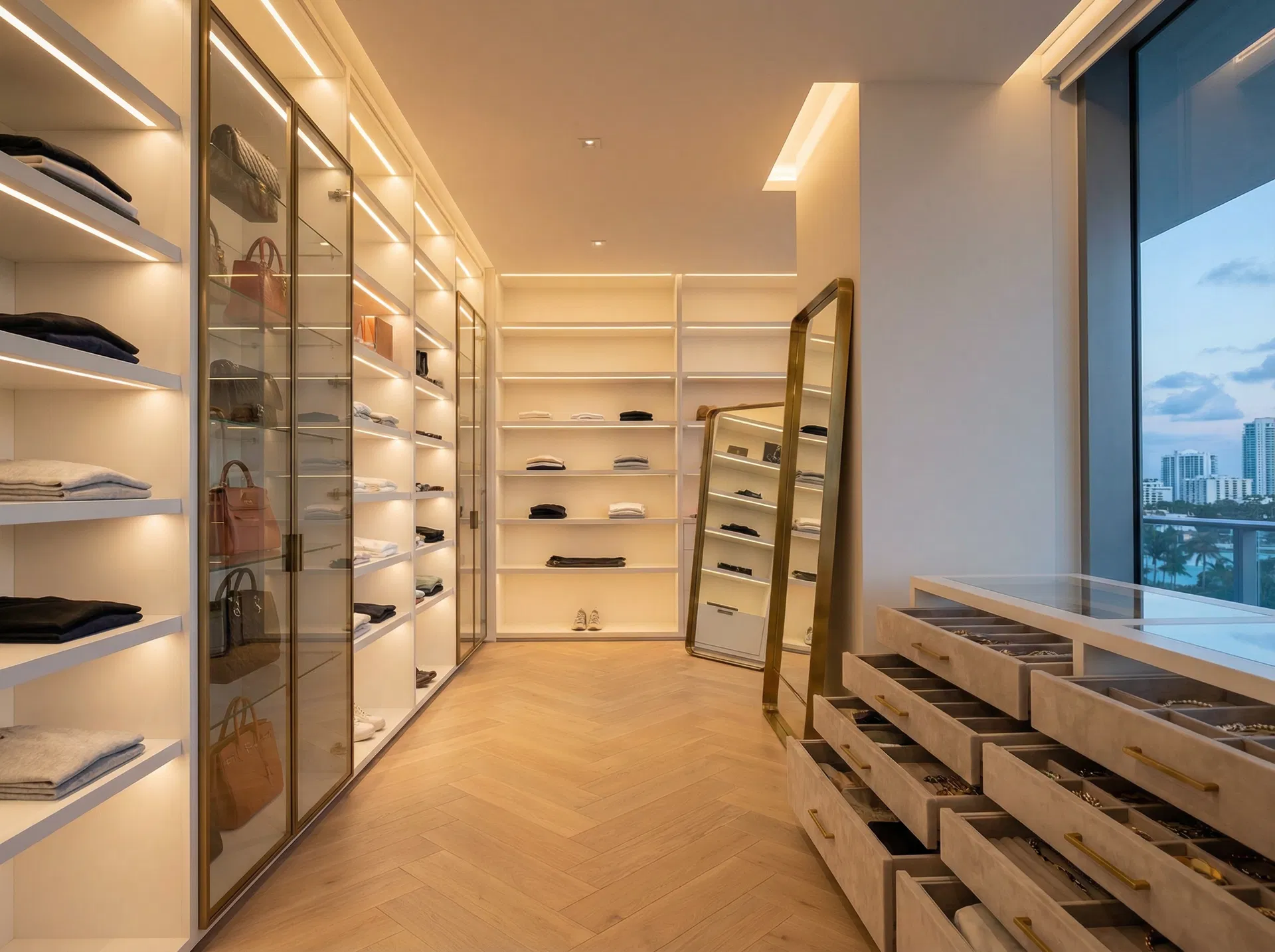 custom walk-in closet Miami luxury high-rise soft-touch panels LED