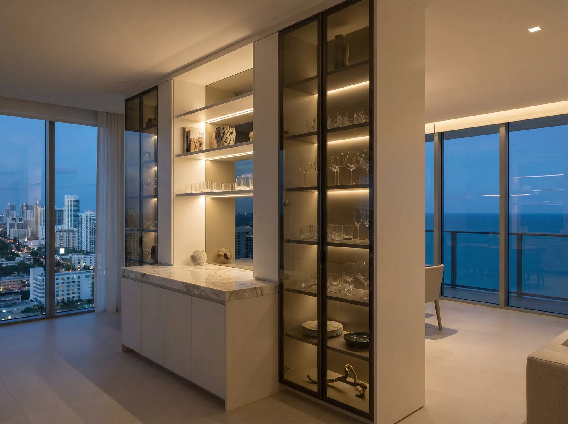 custom closet system Fort Lauderdale luxury condo tempered glass matte lacquer bar