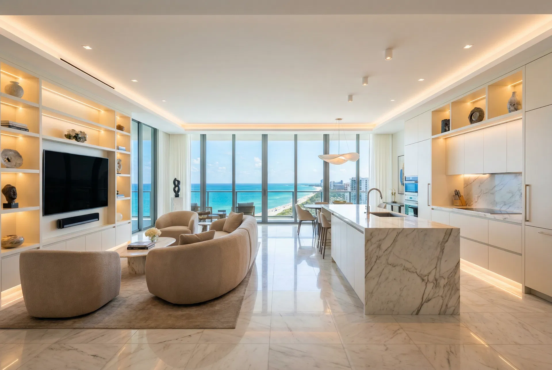 full interior solution Miami oceanfront penthouse Calacatta marble white lacquer LED