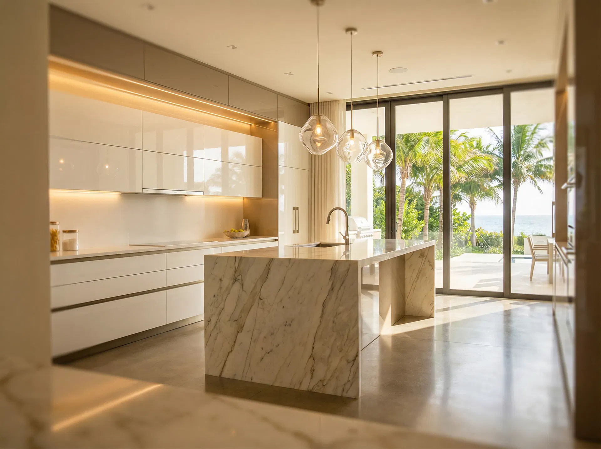 custom kitchen design Boca Raton matte lacquer Calacatta marble