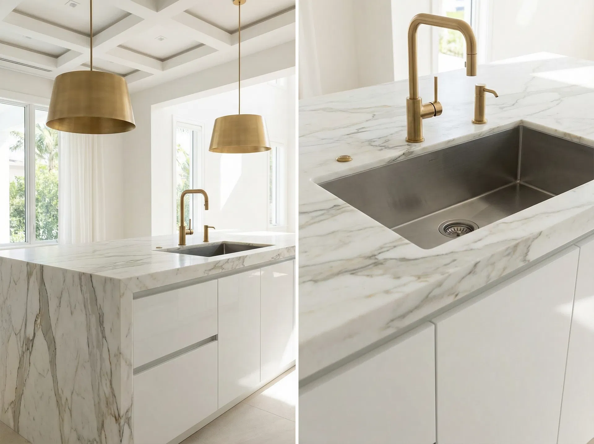 luxury kitchen Fort Lauderdale penthouse Statuario marble waterfall island