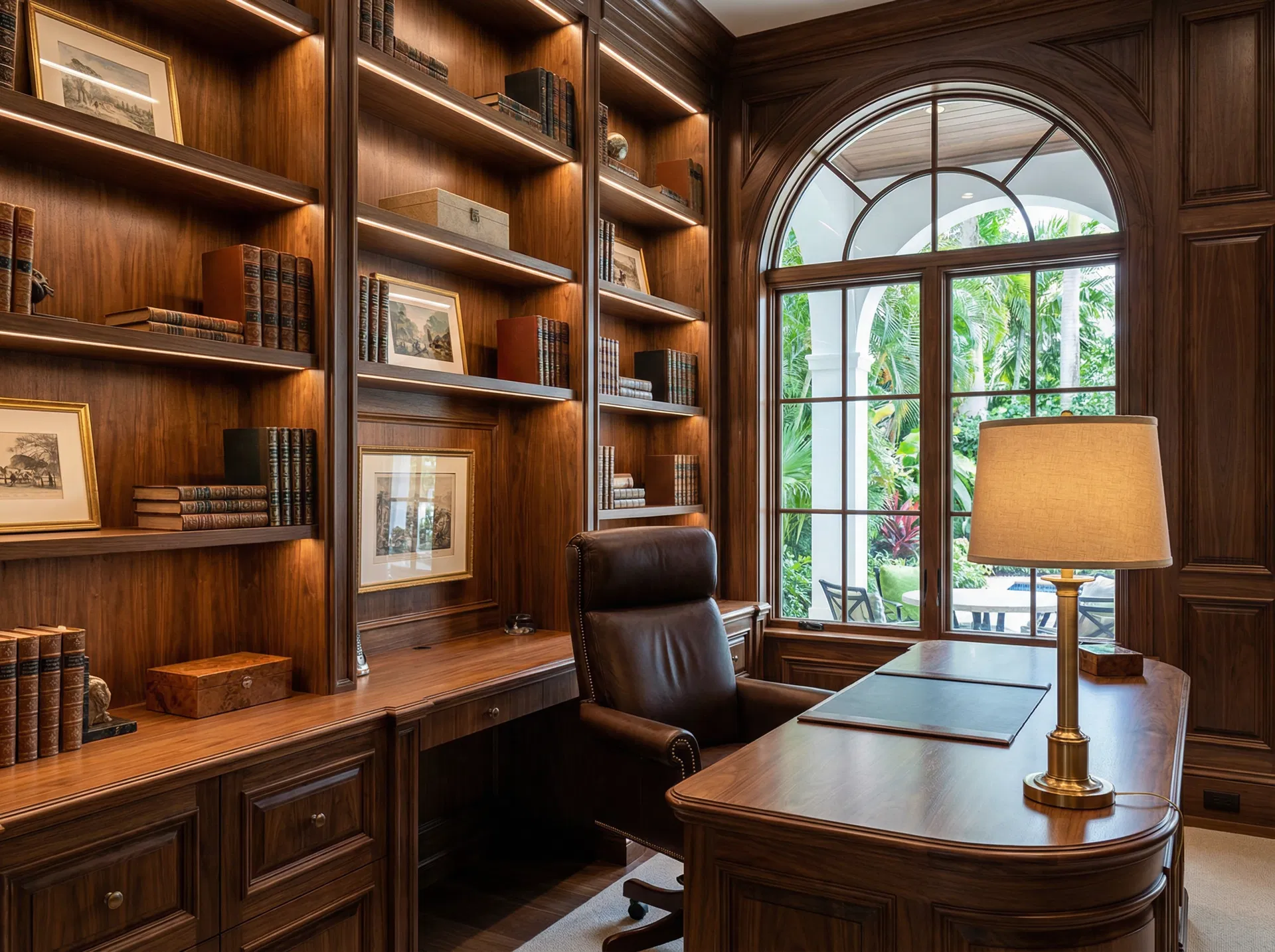 custom office wall system Boca Raton private estate solid walnut floating desk