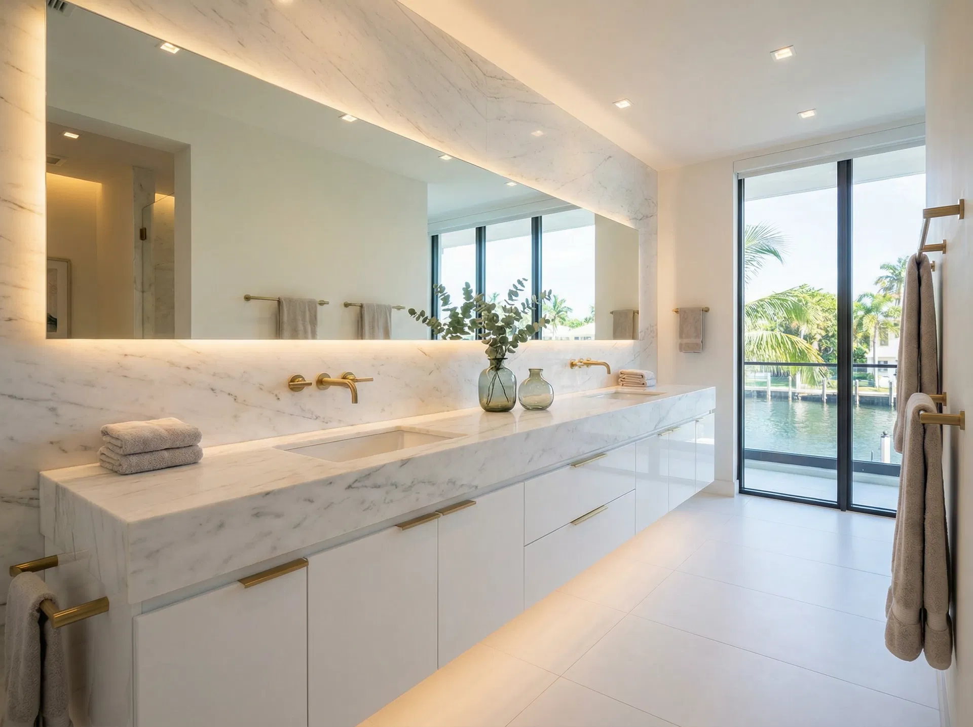 custom bathroom vanity Boca Raton floating cabinetry quartz countertop backlit mirror