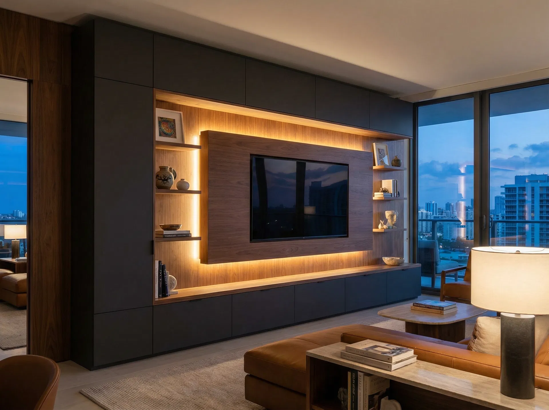 custom TV wall unit Fort Lauderdale waterfront condo smoked oak veneer
