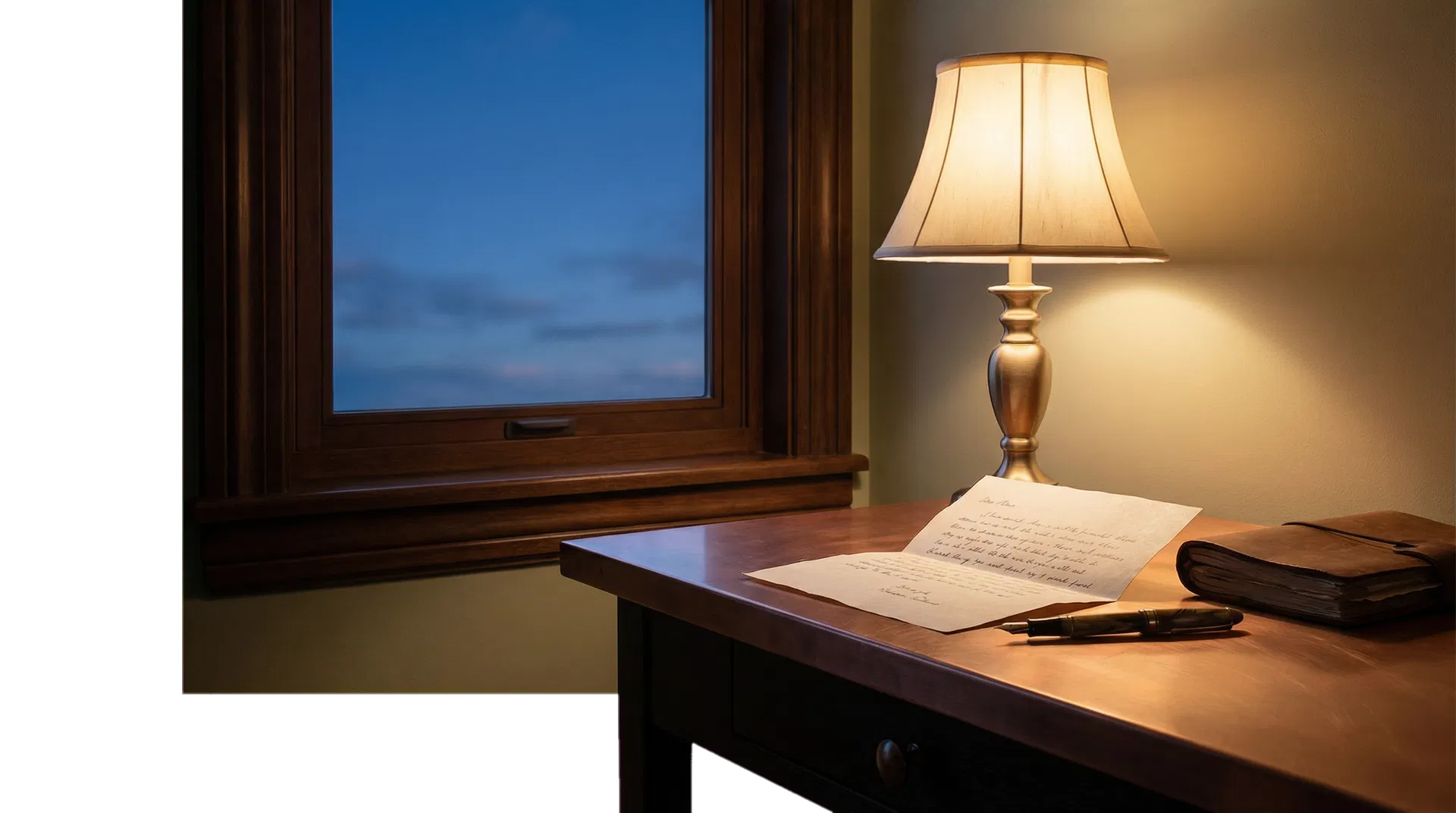 Warm writing desk with letter and lamp for the contact page