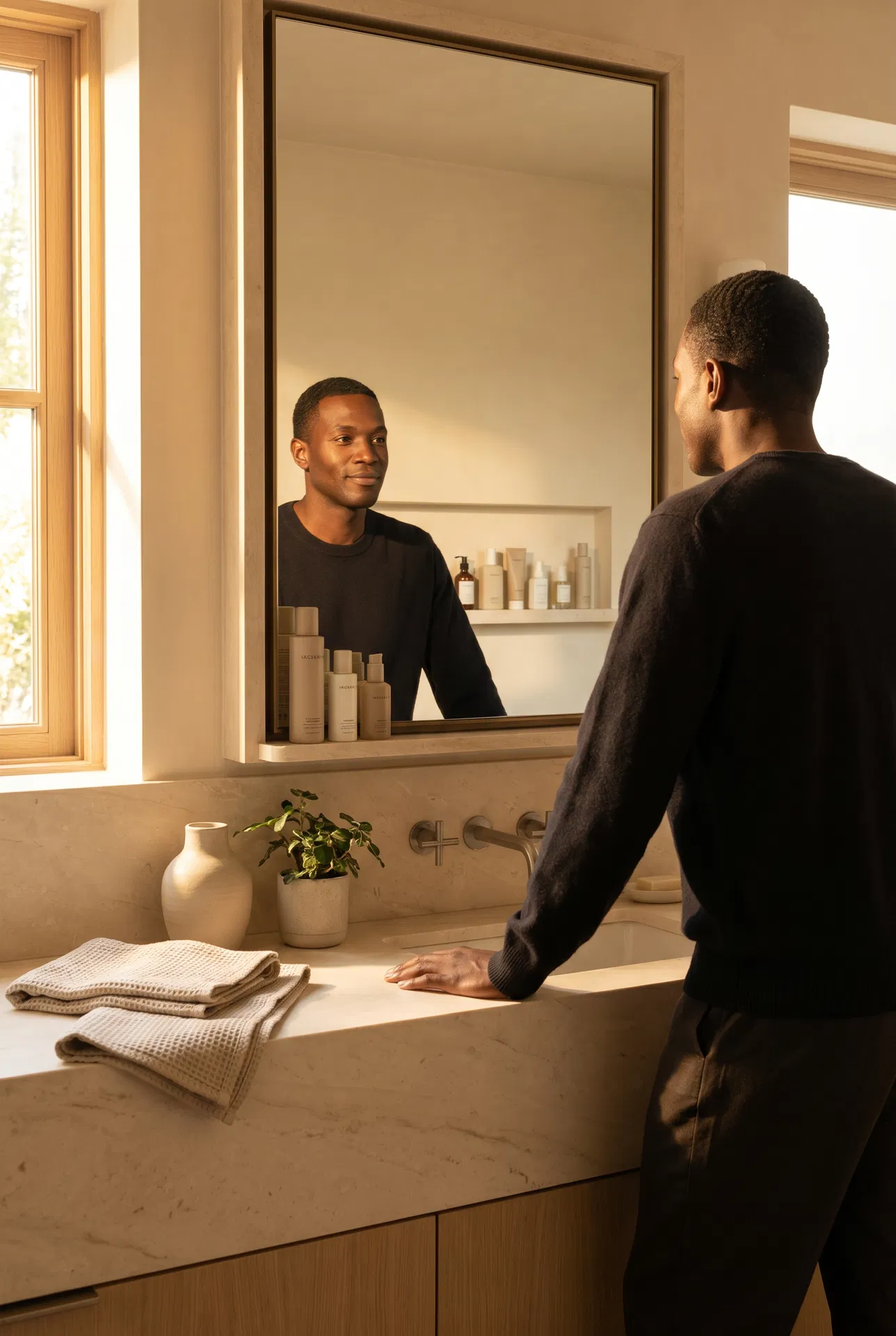 Man looking confidently in mirror after OH FACE skincare routine