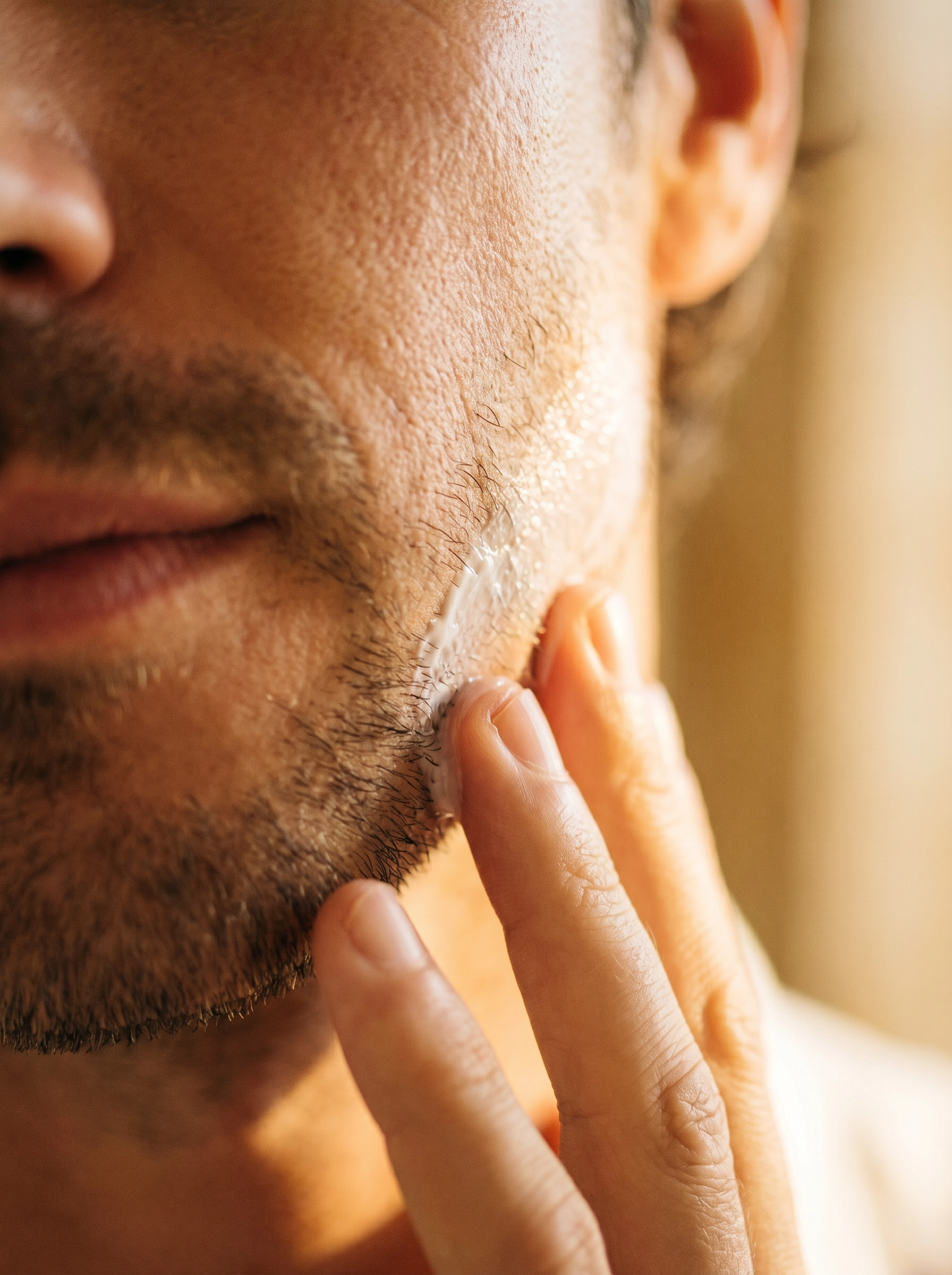 Man applying OH FACE cream to jaw