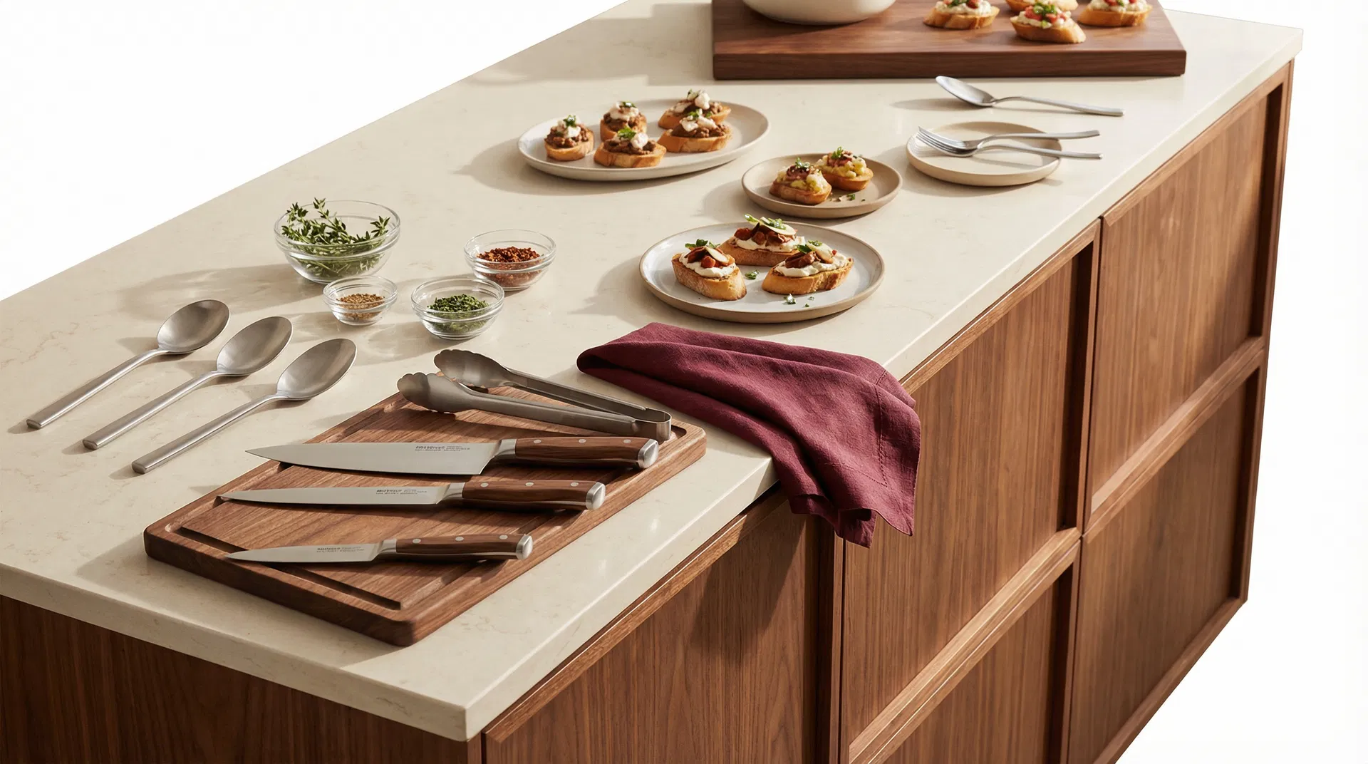 Prepared kitchen island styled for hosting and serving