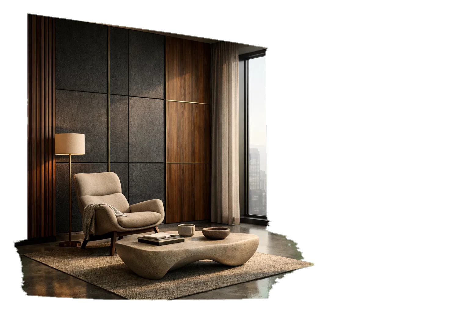Luxury interior with integrated acoustic wall treatments and soundproofing systems