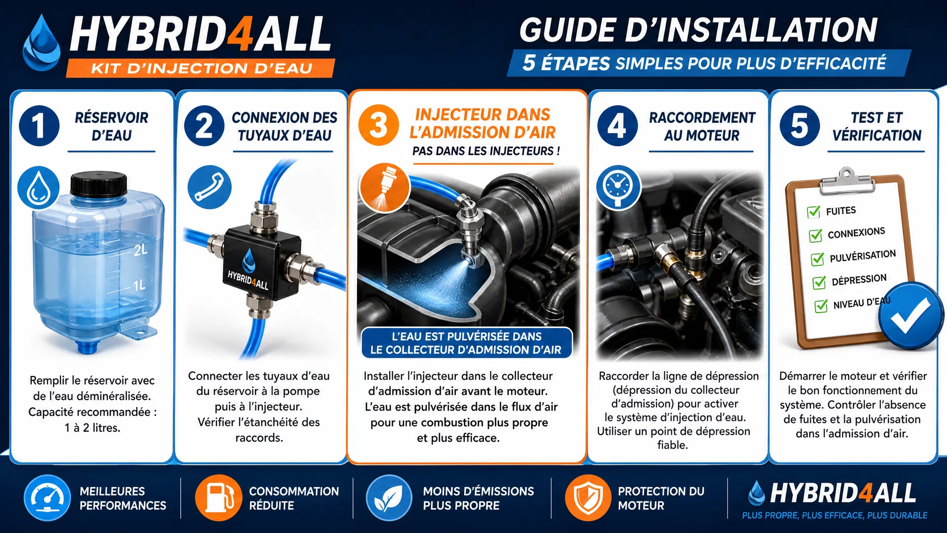 Installation du kit HYBRID4ALL en 5 étapes : réservoir, tuyaux, injecteur dans admission d'air, raccordement, test