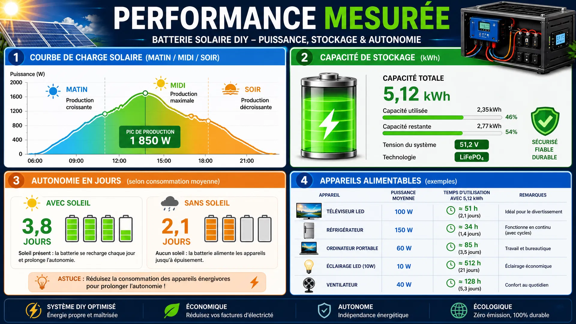 Performance et autonomie mesurées de la batterie solaire DIY