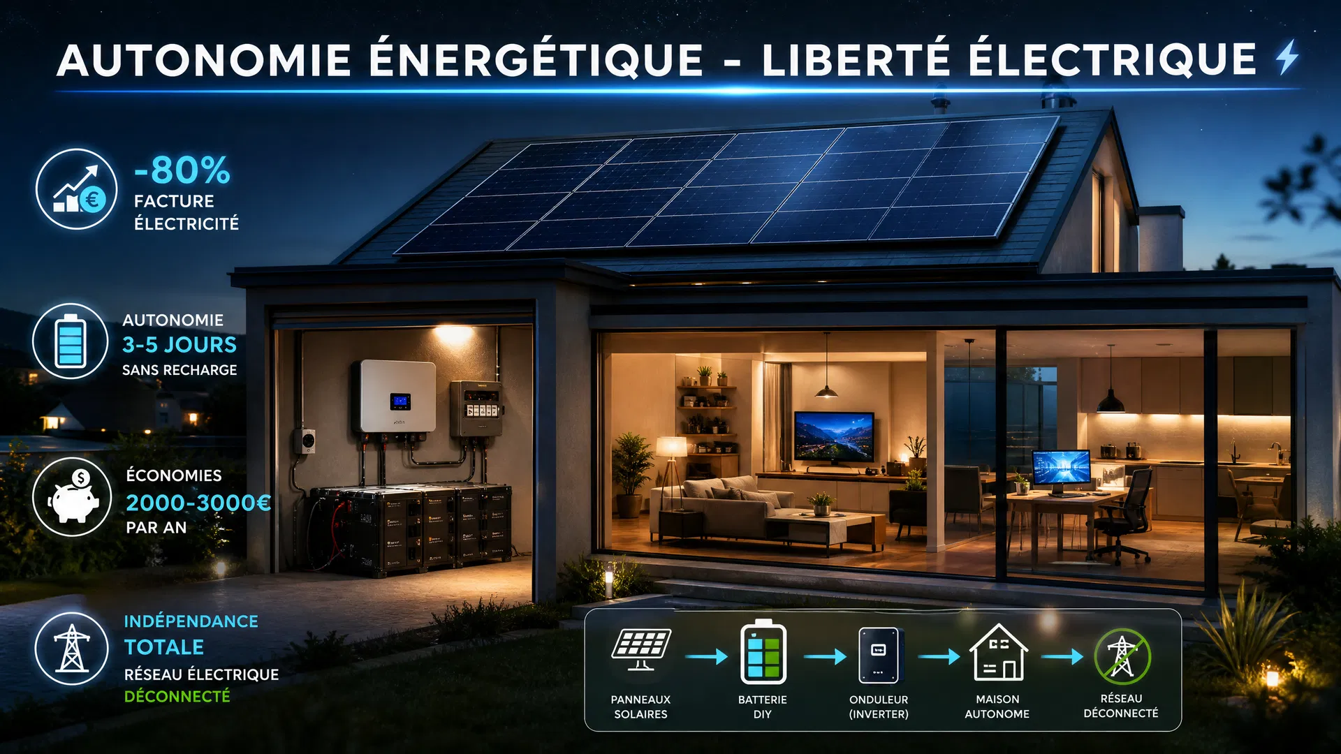 Résultat final : autonomie énergétique complète avec batterie solaire DIY
