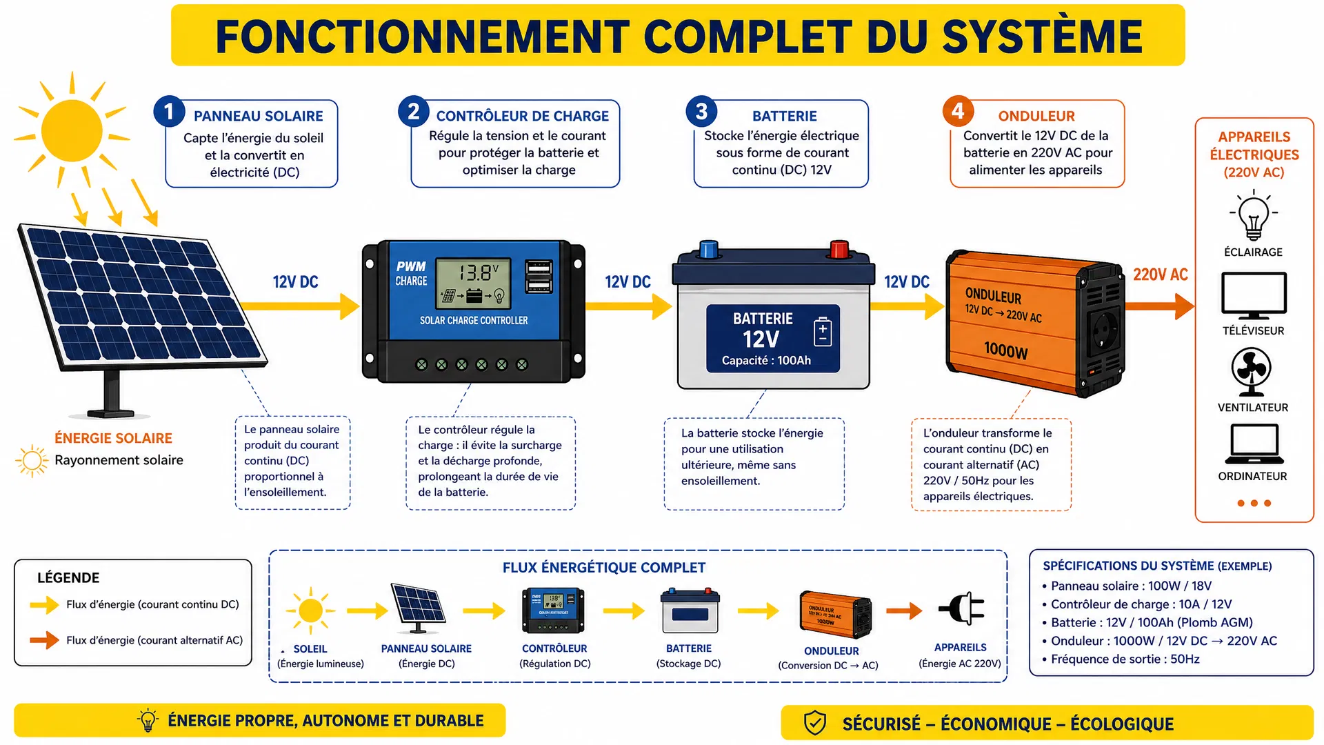 Schéma de fonctionnement complet du système batterie solaire