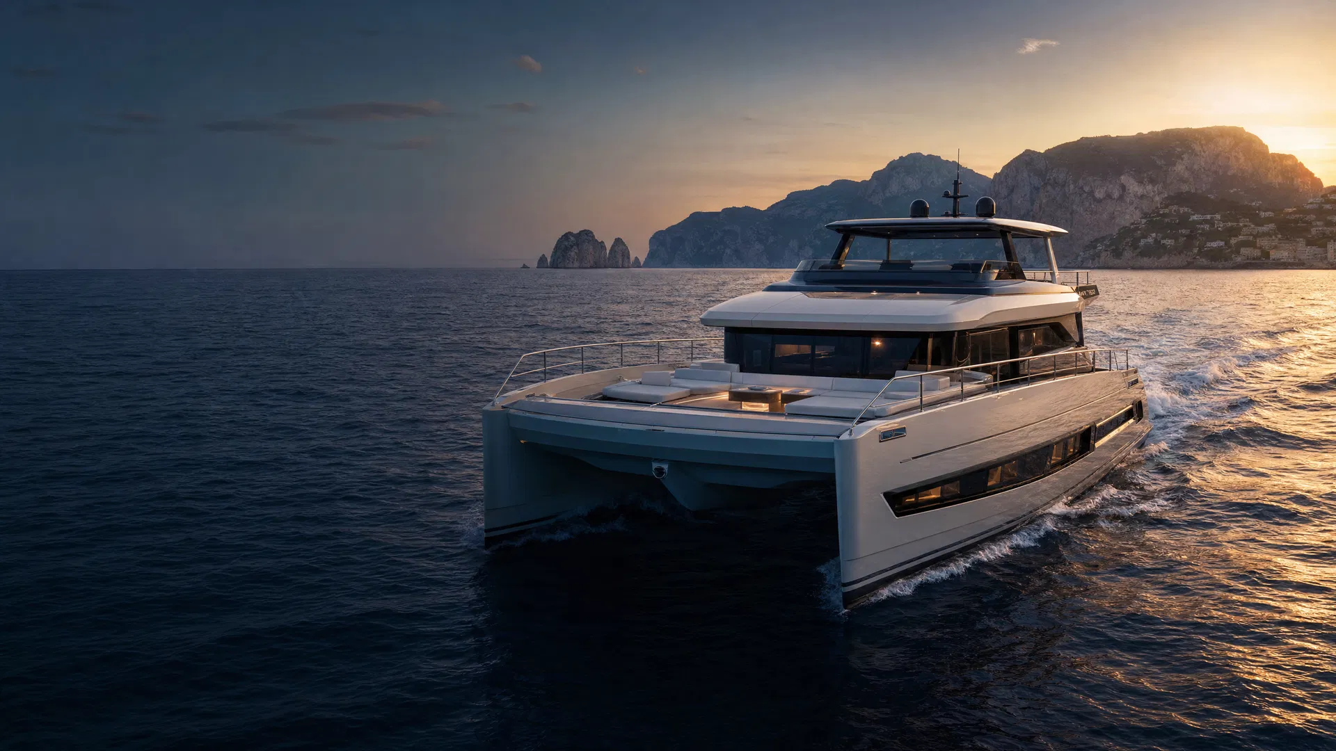 Visual editoriale di catamarano a motore premium in navigazione nel Mediterraneo