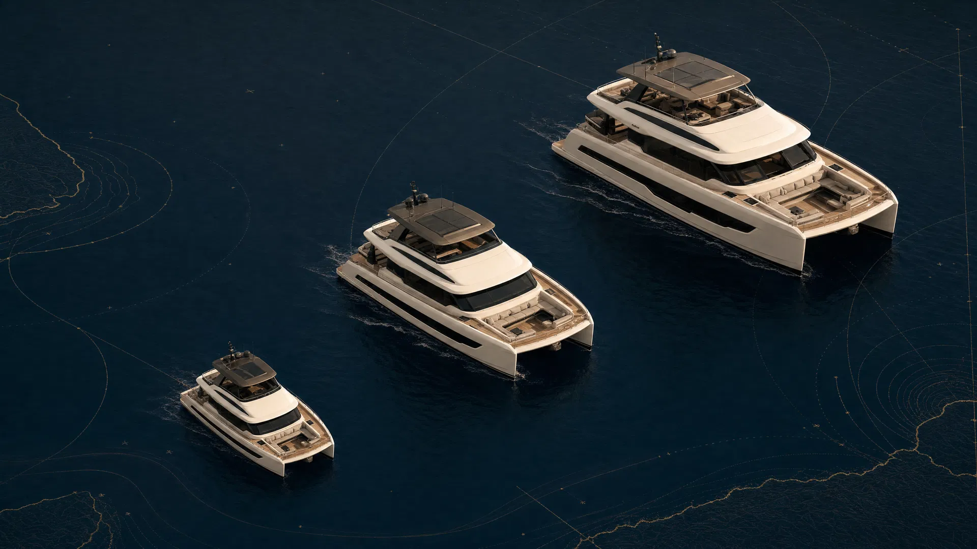 Visual editoriale con tre catamarani a motore in progressione di gamma