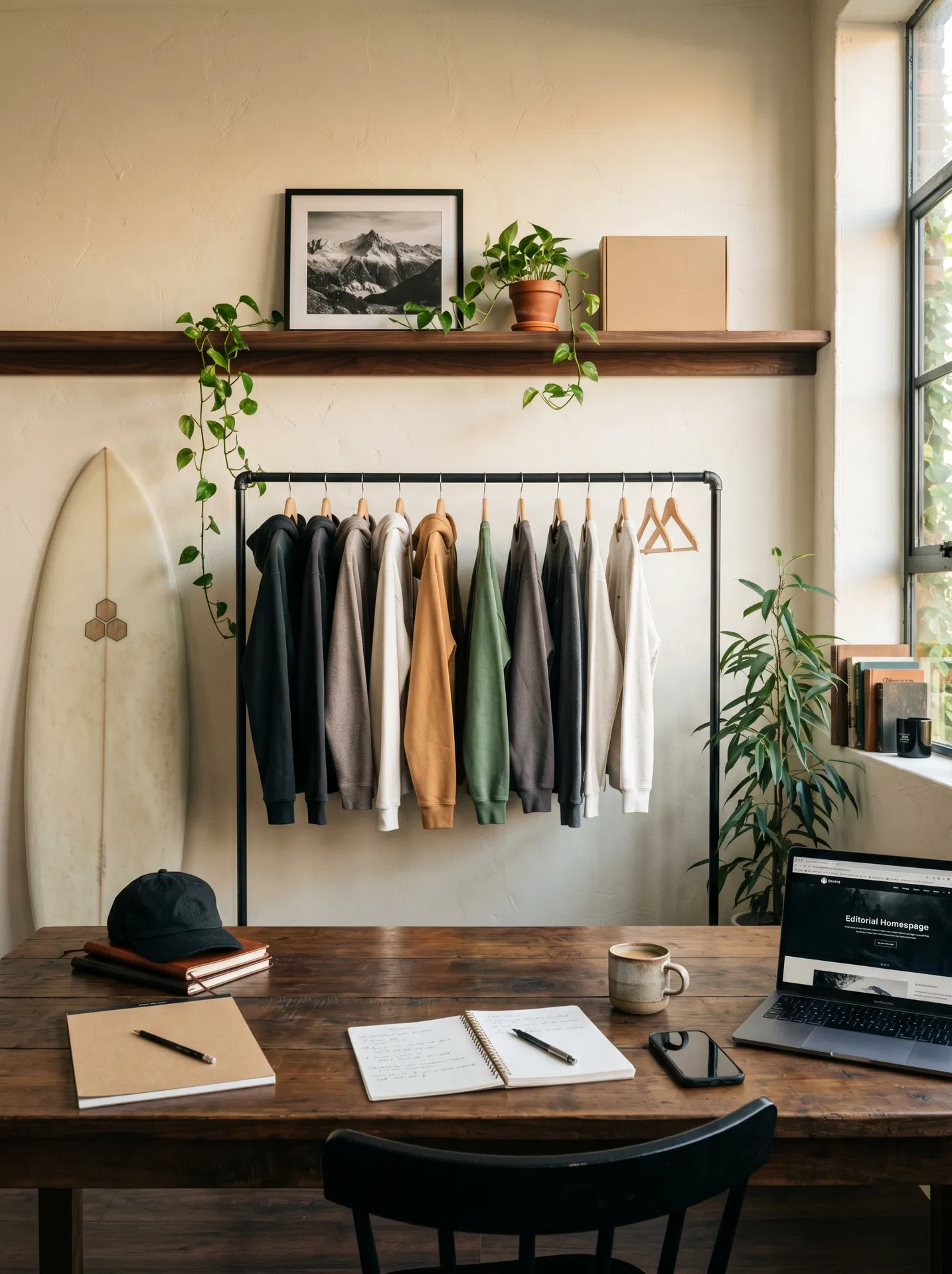 A small brand studio: a heavy reclaimed-wood desk in the foreground with a black cap on a stack of leather notebooks, a kraft sketch pad, an open spiral notebook, a stoneware mug, a smartphone and an open laptop. Above on a dark walnut ledge, a framed black-and-white mountain photograph, a small terracotta pot with a trailing plant and a kraft cardboard box. A black pipe rail with worn hoodies in charcoal, warm grey, off-white, ochre and moss green plus a flannel. An off-white surfboard leaning to the left of the rail. Soft natural daylight from a steel-frame window on the right.
