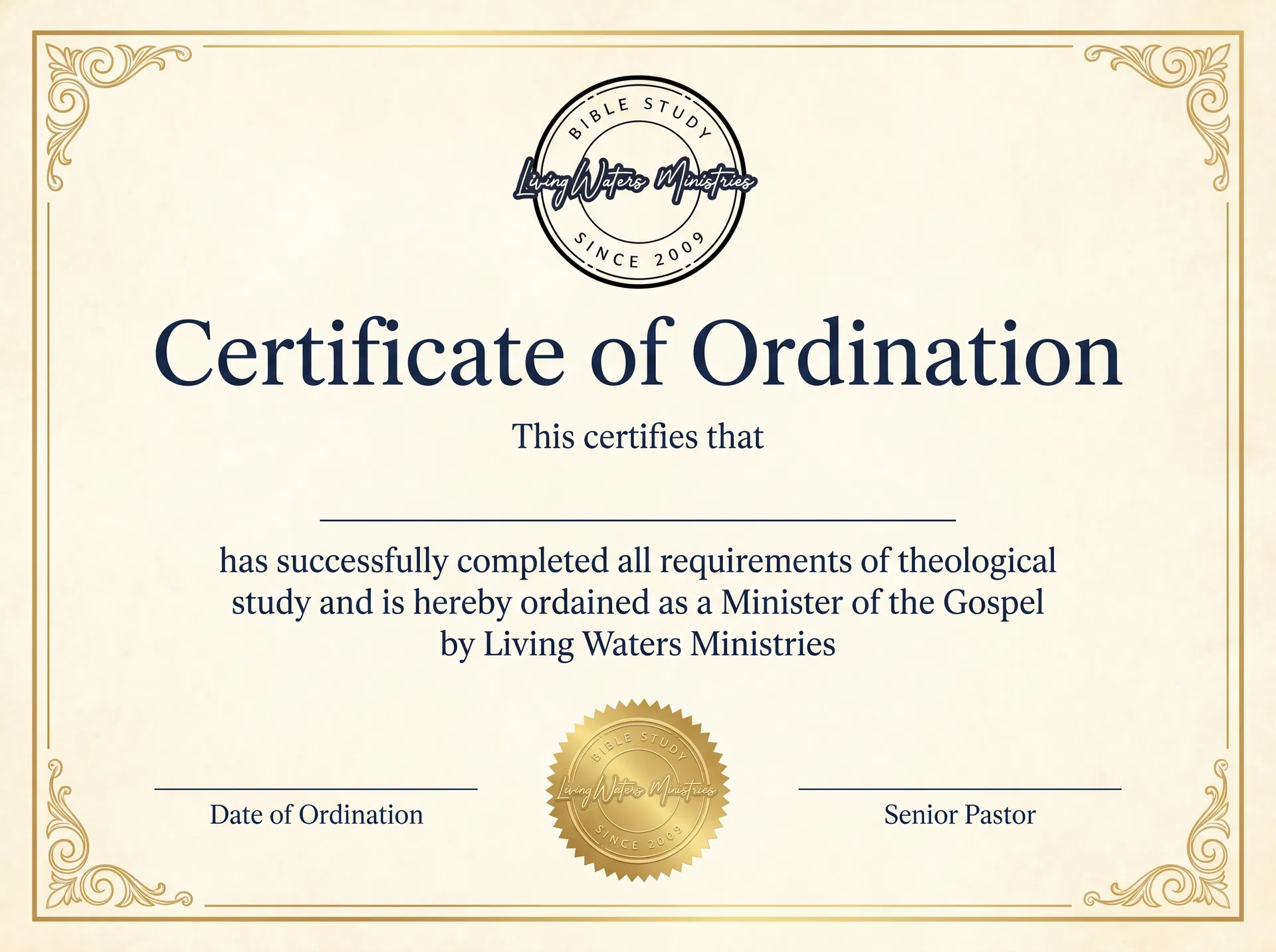 Living Waters Ministries Ordination Certificate