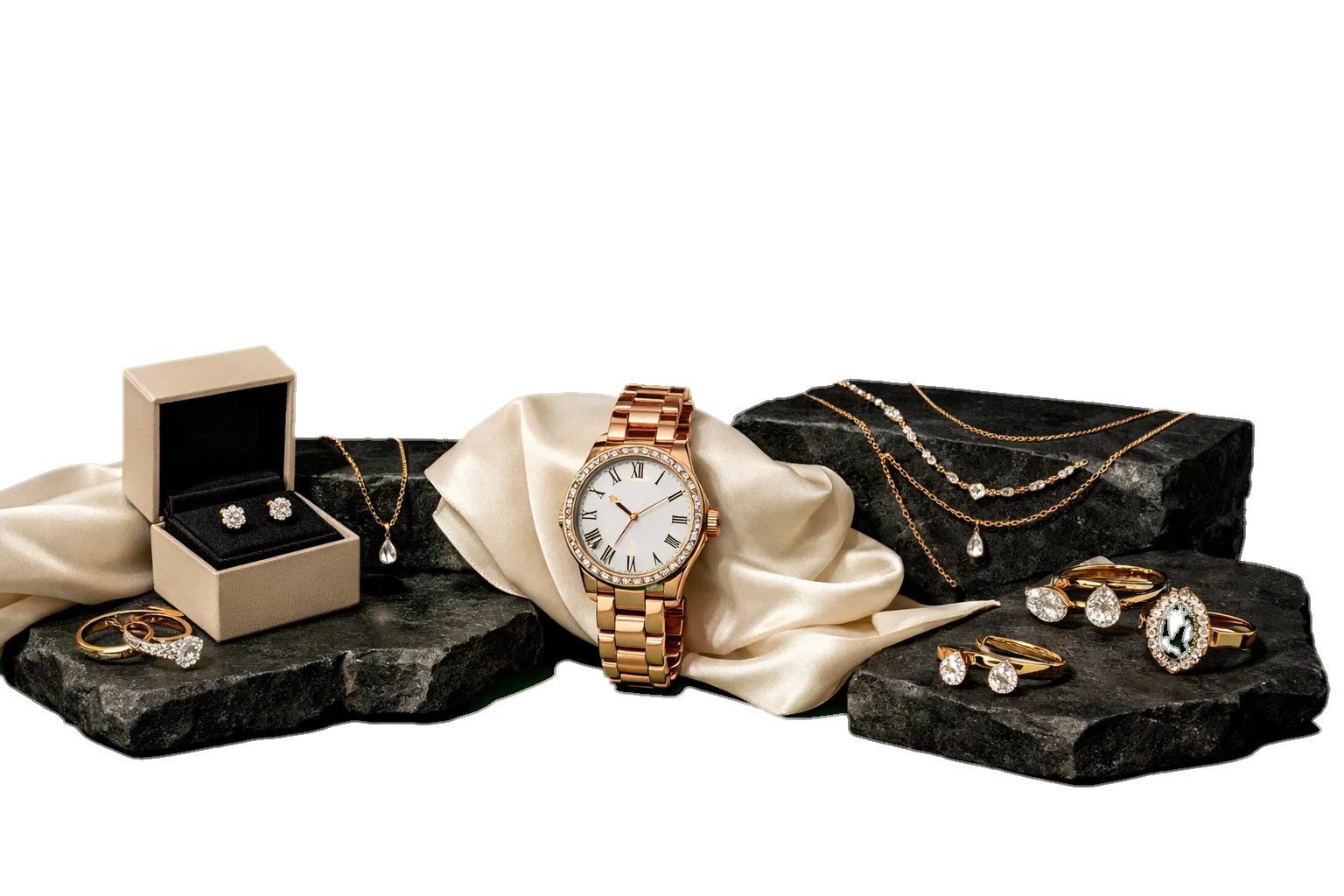 Relógios, acessórios e coleções especiais em composição de vitrine mais nobre.