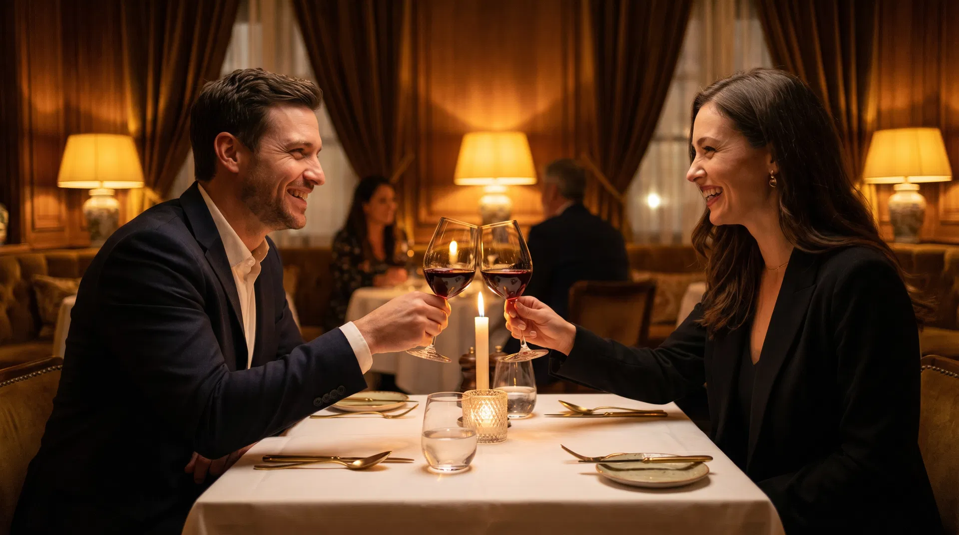 Casal brindando com vinho tinto em jantar romântico