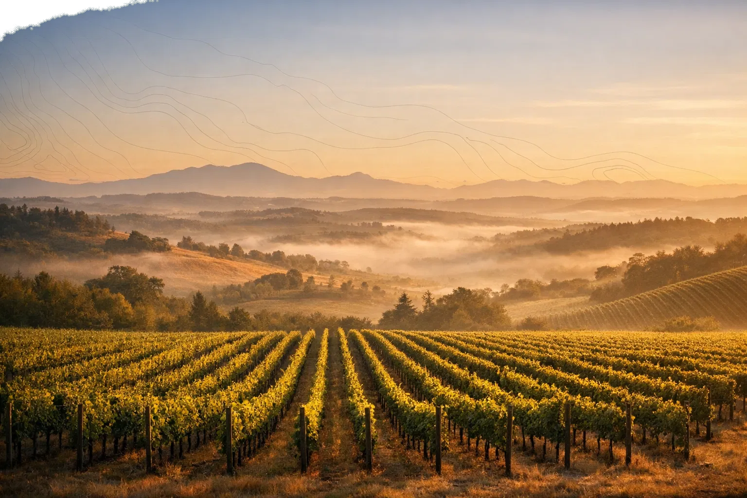 Paisagem de vinhedos com atmosfera cartográfica