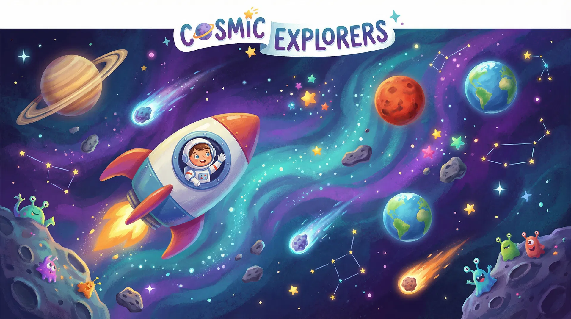 Espacio con cohete y planetas